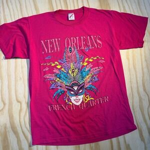 Vintage Jerzees New Orleans French Quarter Mardi Gras Mask Pink T-Shirt Large